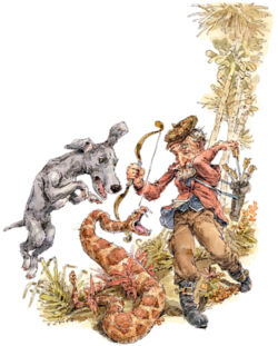 illustration of dog and hunter attacked by a snake